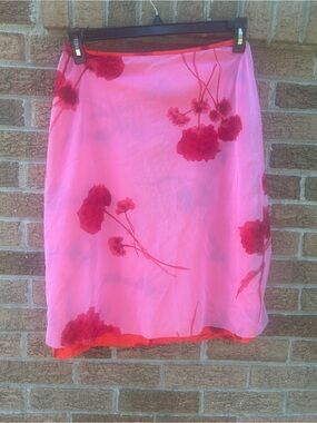 Floral Pink Midi Skirt with Red Bloom Print size 38 (large) Y2K style